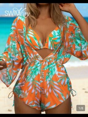 Tropical Orange Palm Beach Romper Swim Cover-Up
